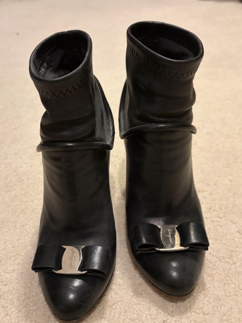 Salvatore Ferragamo Black Leather Ankle Boots with Signature Bow